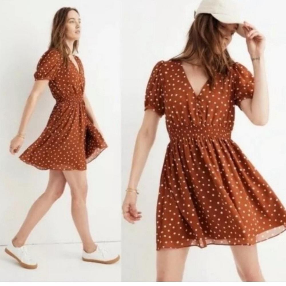 Madewell Smocked Waist Mini Dress in Inkspot Dots Size Small NWT Burnt Clay
